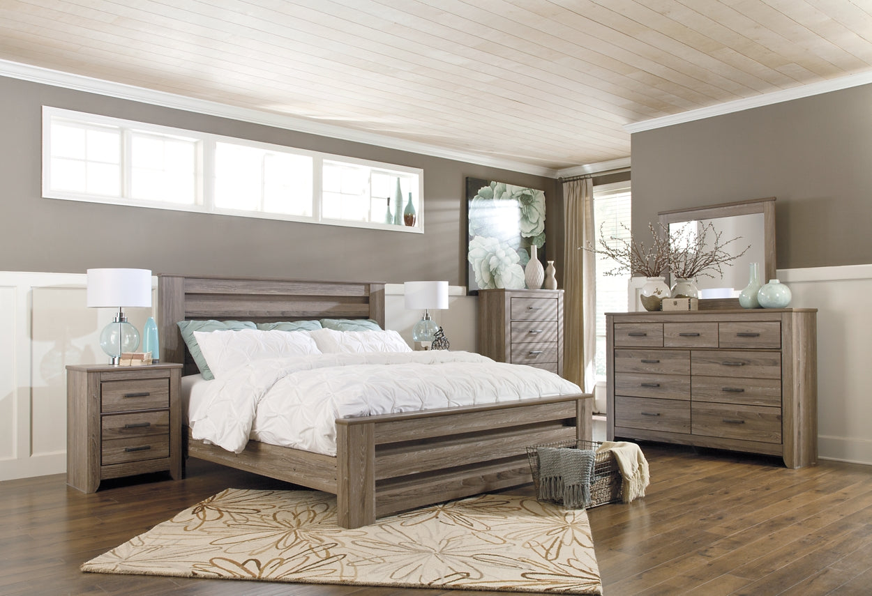 Zelen King Panel Bed with Mirrored Dresser, Chest and 2 Nightstands at Walker Mattress and Furniture Locations in Cedar Park and Belton TX.