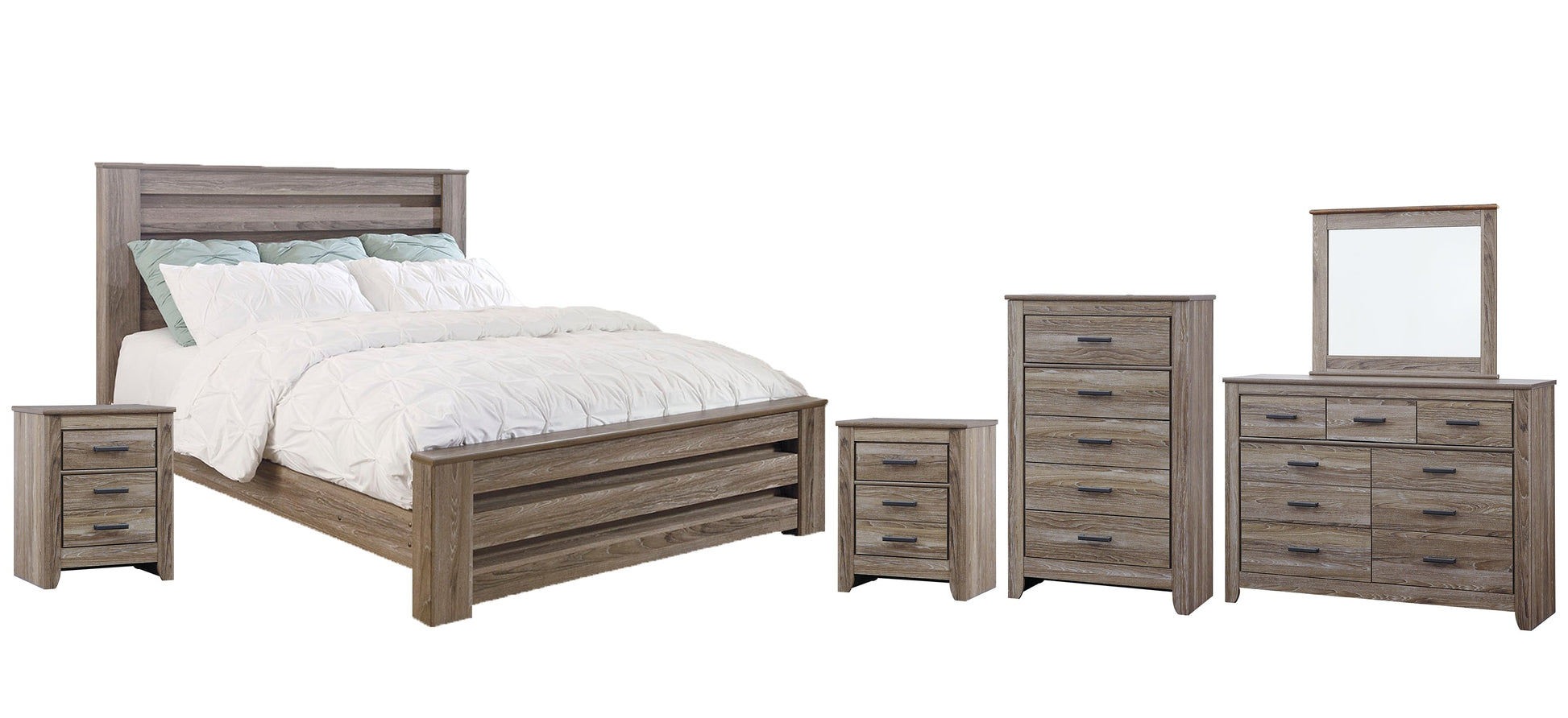 Zelen King Panel Bed with Mirrored Dresser, Chest and 2 Nightstands at Walker Mattress and Furniture Locations in Cedar Park and Belton TX.