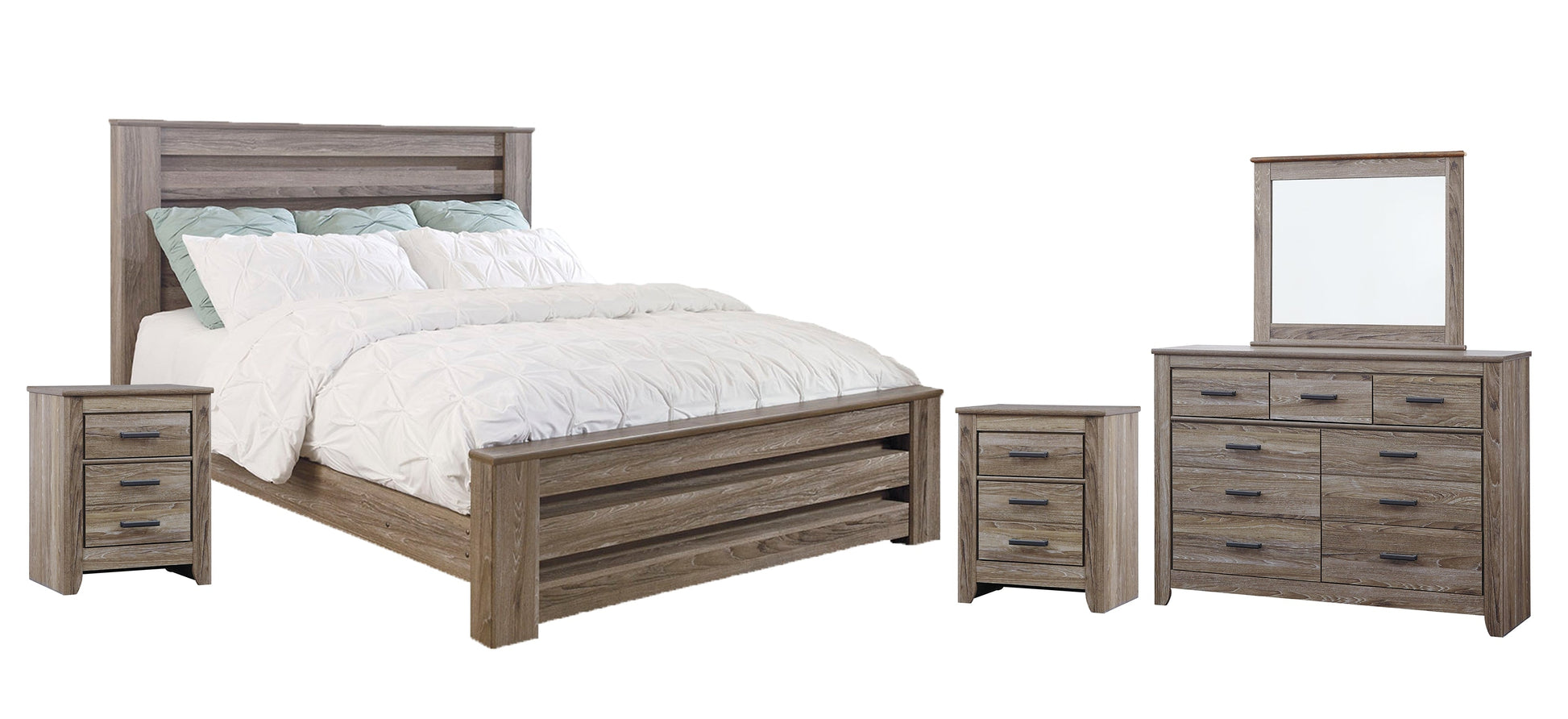 Zelen King Panel Bed with Mirrored Dresser and 2 Nightstands at Walker Mattress and Furniture Locations in Cedar Park and Belton TX.
