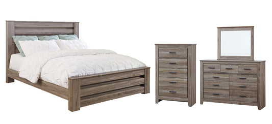 Zelen King Panel Bed with Mirrored Dresser and Chest at Walker Mattress and Furniture Locations in Cedar Park and Belton TX.