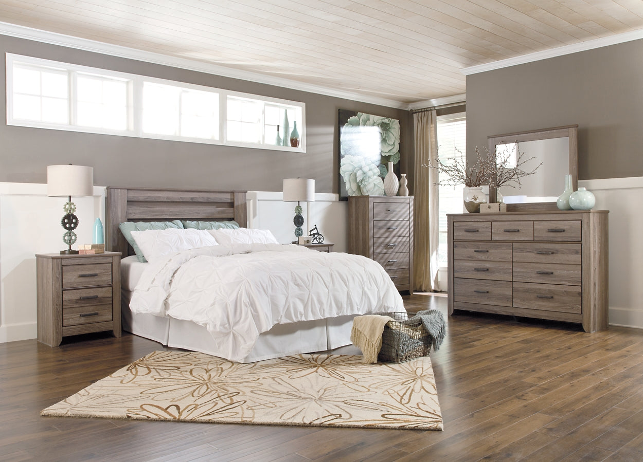 Zelen Queen/Full Panel Headboard with Mirrored Dresser, Chest and 2 Nightstands at Walker Mattress and Furniture Locations in Cedar Park and Belton TX.