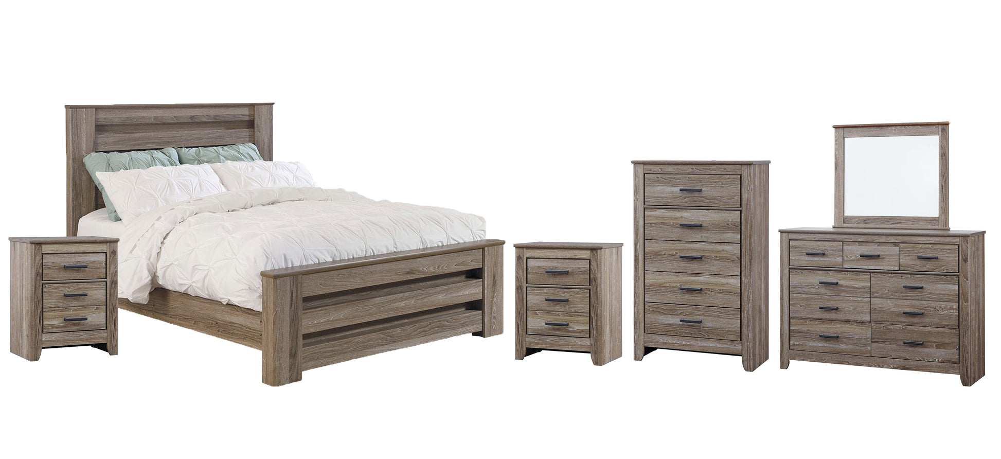 Zelen Queen Panel Bed with Mirrored Dresser, Chest and 2 Nightstands at Walker Mattress and Furniture Locations in Cedar Park and Belton TX.