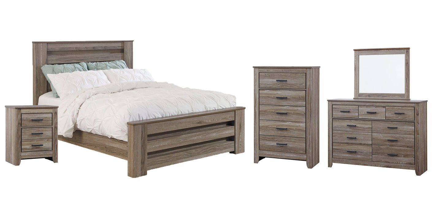 Zelen Queen Panel Bed with Mirrored Dresser, Chest and Nightstand at Walker Mattress and Furniture Locations in Cedar Park and Belton TX.