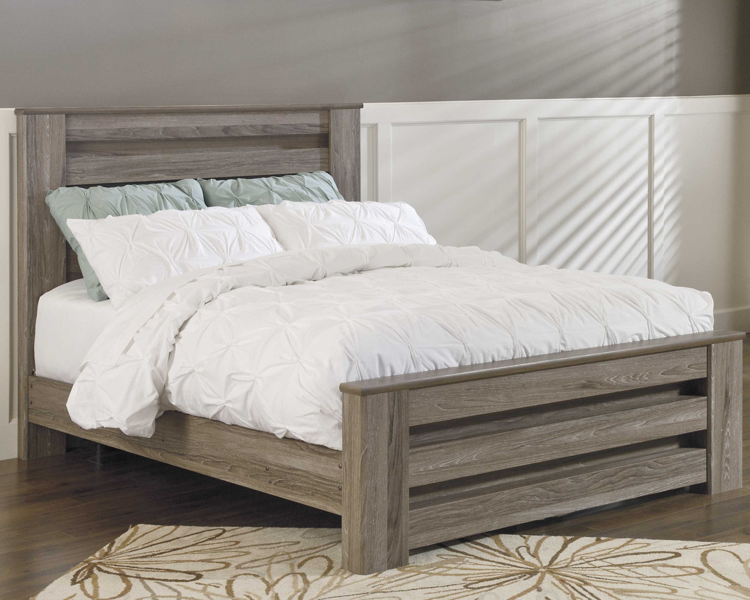 Zelen Queen Panel Bed with Mirrored Dresser and 2 Nightstands at Walker Mattress and Furniture Locations in Cedar Park and Belton TX.