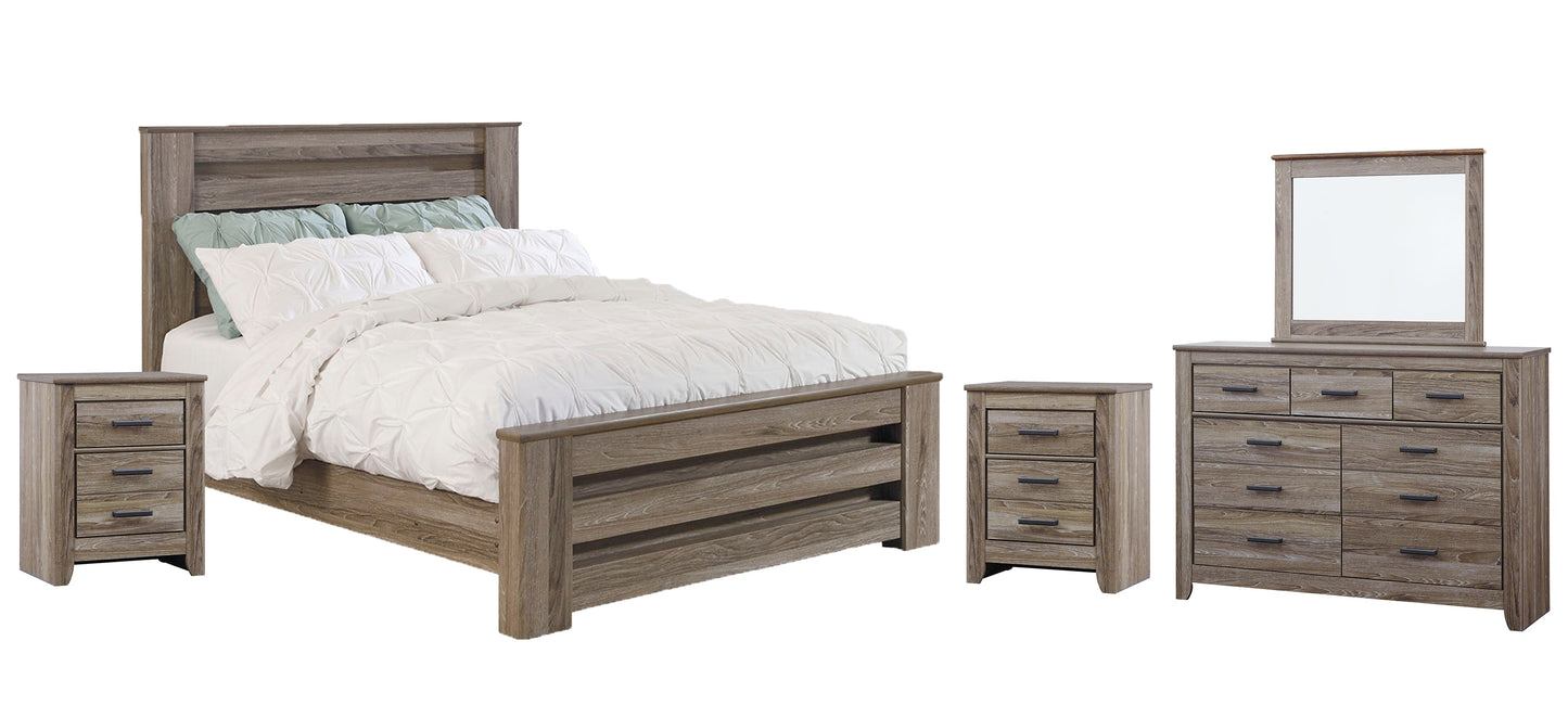 Zelen Queen Panel Bed with Mirrored Dresser and 2 Nightstands at Walker Mattress and Furniture Locations in Cedar Park and Belton TX.