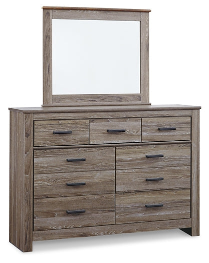 Zelen Queen Panel Bed with Mirrored Dresser and Nightstand at Walker Mattress and Furniture Locations in Cedar Park and Belton TX.