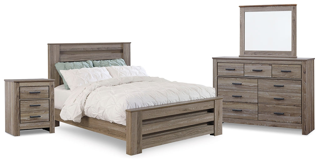 Zelen Queen Panel Bed with Mirrored Dresser and Nightstand at Walker Mattress and Furniture Locations in Cedar Park and Belton TX.