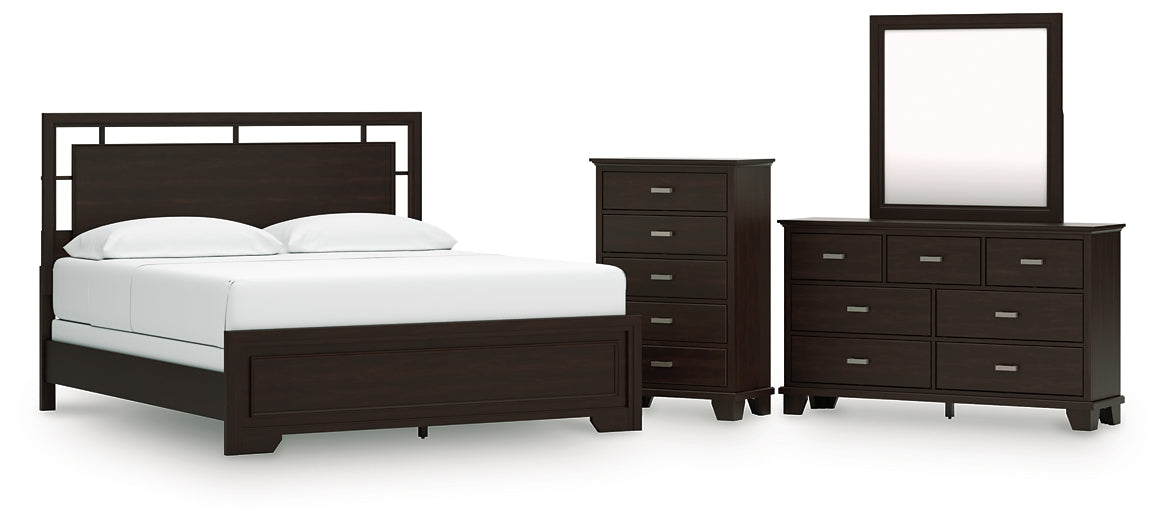 Covetown California King Panel Bed with Mirrored Dresser and Chest