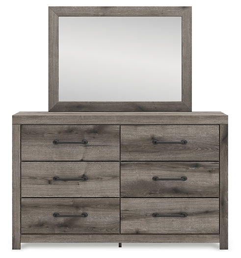 Graystorm Queen Panel Bed with Mirrored Dresser and Chest