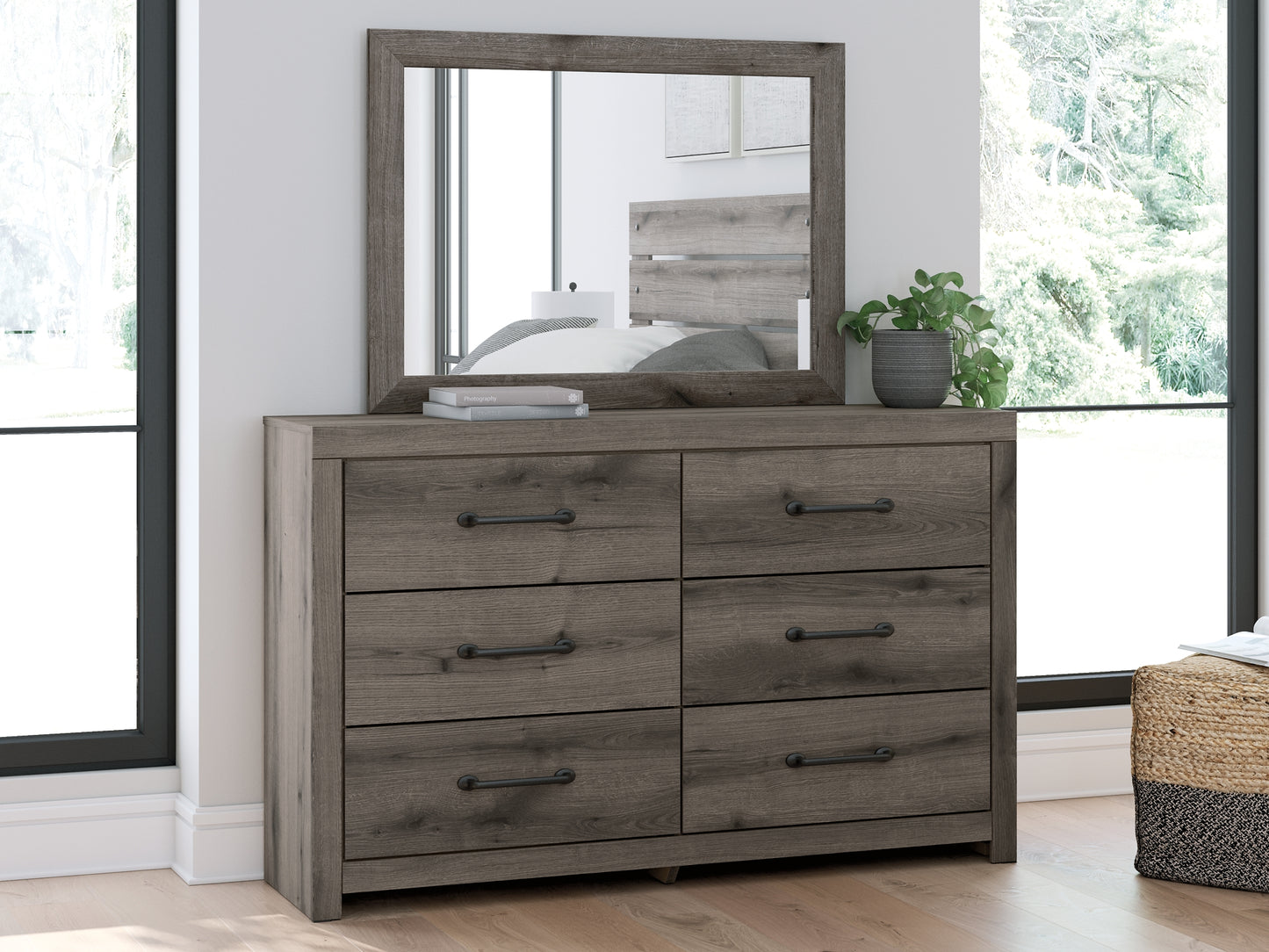 Graystorm Twin Panel Bed with Storage with Mirrored Dresser