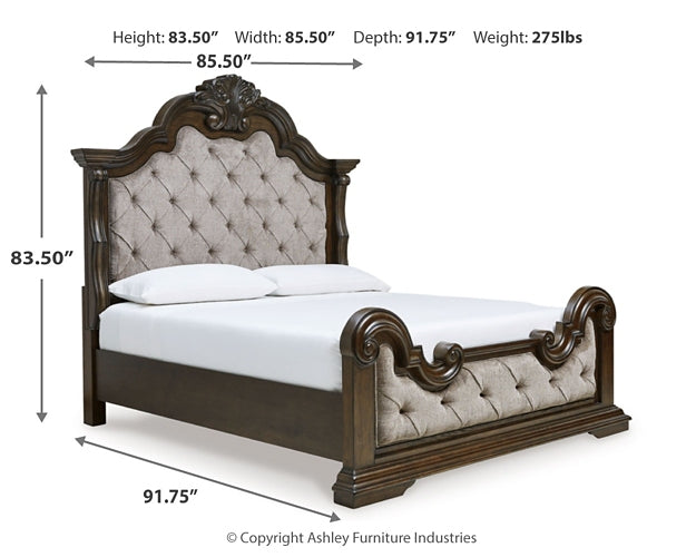 Maylee King Upholstered Bed with Mirrored Dresser and Chest