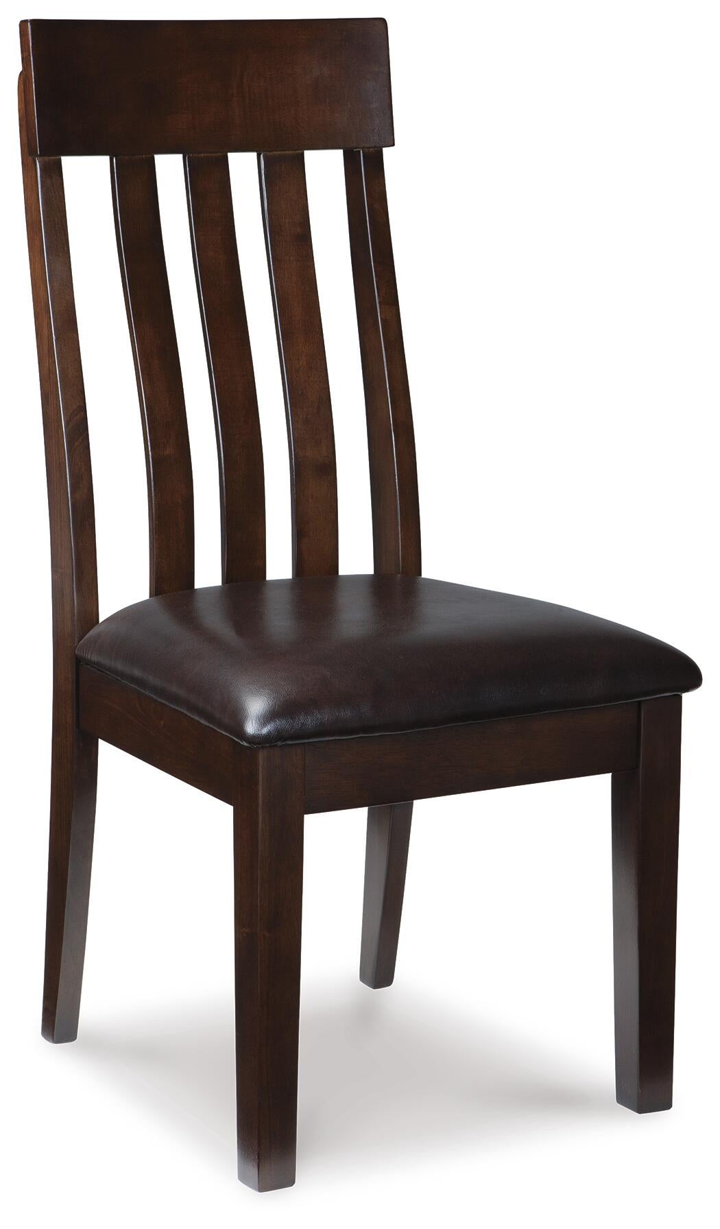 The Haddigan Dining UPH Side Chair (2/CN) is a wooden chair with a dark brown finish, slatted backrest, and an elegant faux leather cushioned seat—perfect for stylish dining rooms.