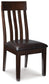 The Haddigan Dining UPH Side Chair (2/CN) is a wooden chair with a dark brown finish, slatted backrest, and an elegant faux leather cushioned seat—perfect for stylish dining rooms.