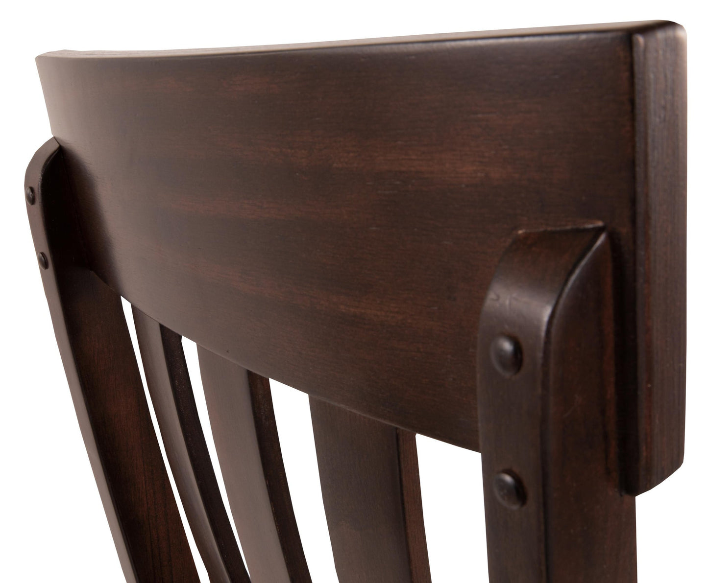 Close-up of the backrest and top of the Haddigan Dining UPH Side Chair (2/CN), featuring dark wood, vertical slats, visible screws, and an upholstered seat.