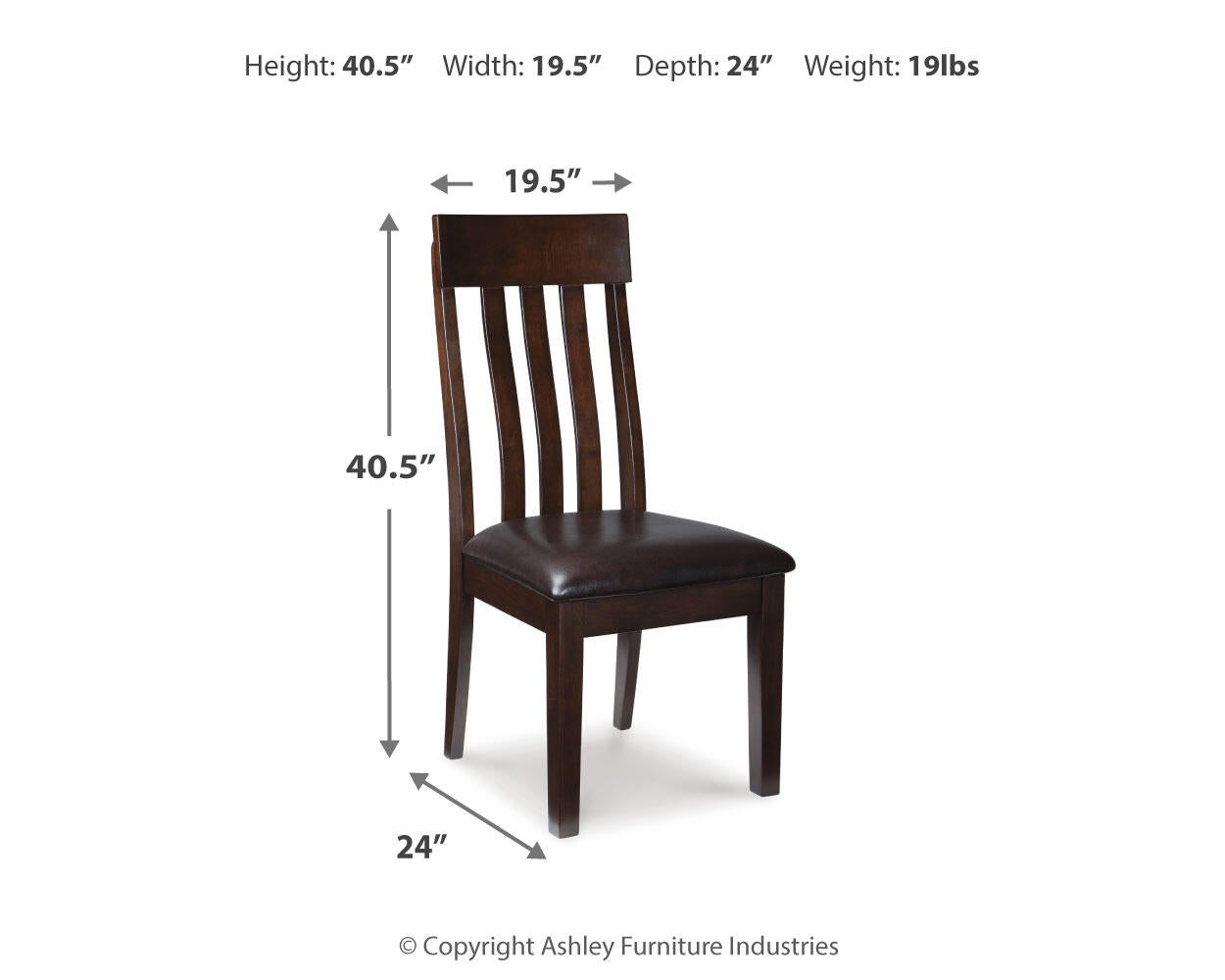 The Haddigan Dining UPH Side Chair (2/CN) is a wooden dining chair with a faux leather upholstered seat, measuring 40.5" high, 19.5" wide, 24" deep, and weighing 19 lbs.