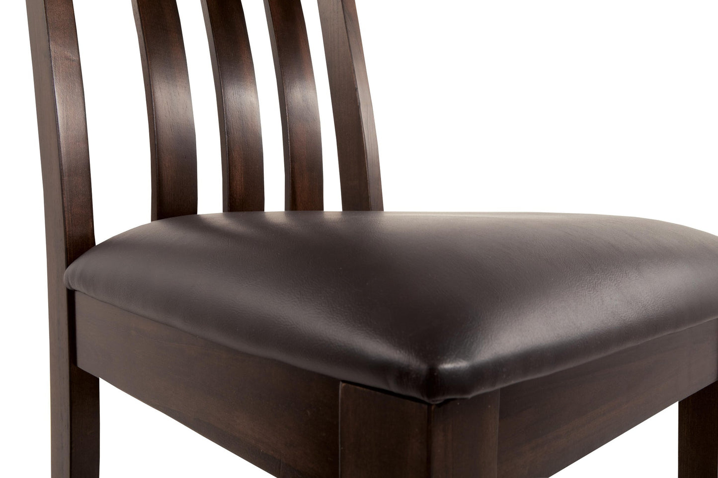 Close-up of the Haddigan Dining UPH Side Chair (2/CN) featuring a dark brown cushioned seat and vertical slat backrest, shown against a white background.