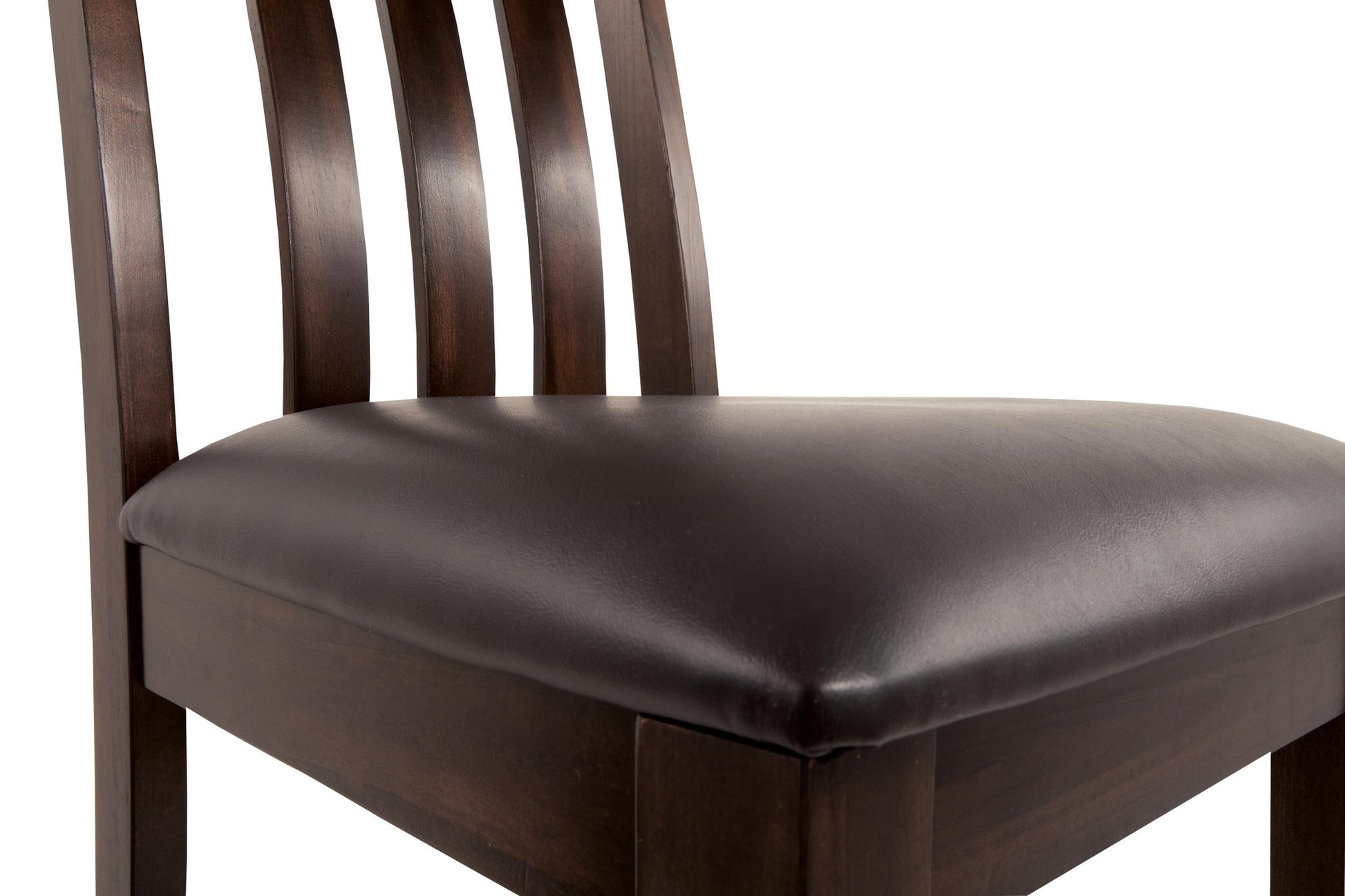 Close-up of the Haddigan Dining UPH Side Chair (2/CN) featuring a dark brown cushioned seat and vertical slat backrest, shown against a white background.