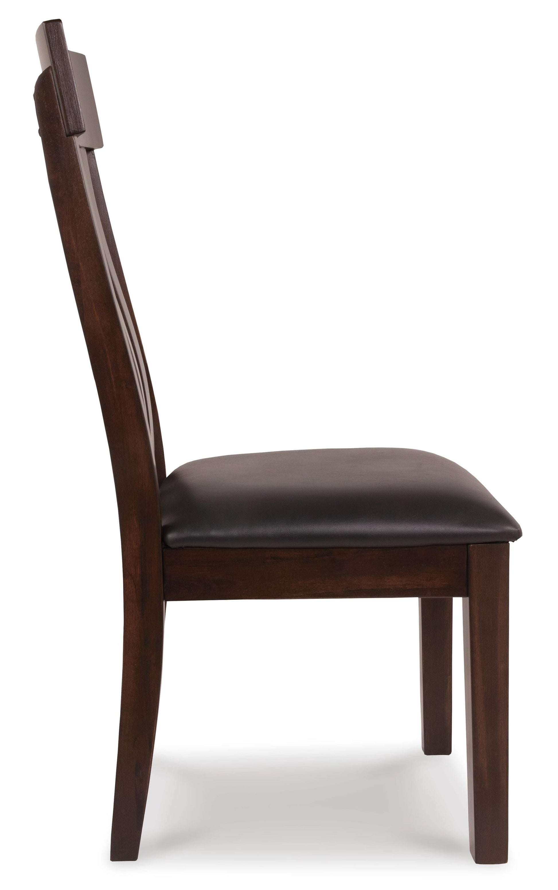 Side view of the Haddigan Dining UPH Side Chair (2/CN) featuring a dark brown wooden finish and a black cushioned upholstered seat, shown against a white background.