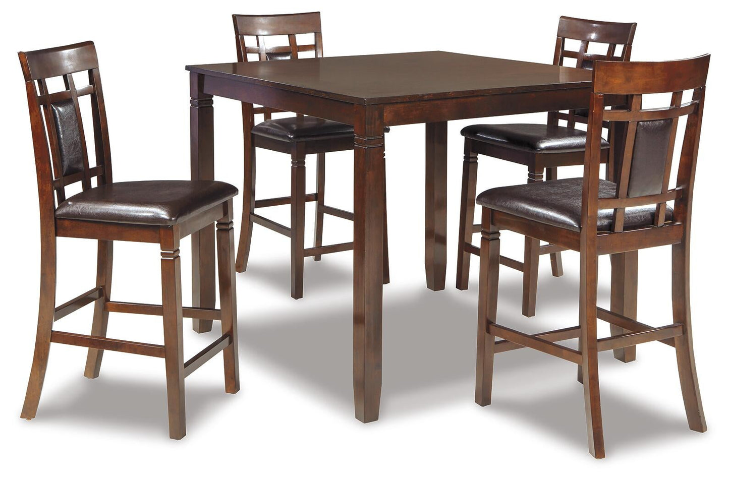 The Bennox DRM Counter Table Set (5/CN) features a dark wood counter-height table with four matching high-back chairs, each with cushioned brown seats, arranged for a stylish dining experience.