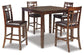 The Bennox DRM Counter Table Set (5/CN) features a dark wood counter-height table with four matching high-back chairs, each with cushioned brown seats, arranged for a stylish dining experience.