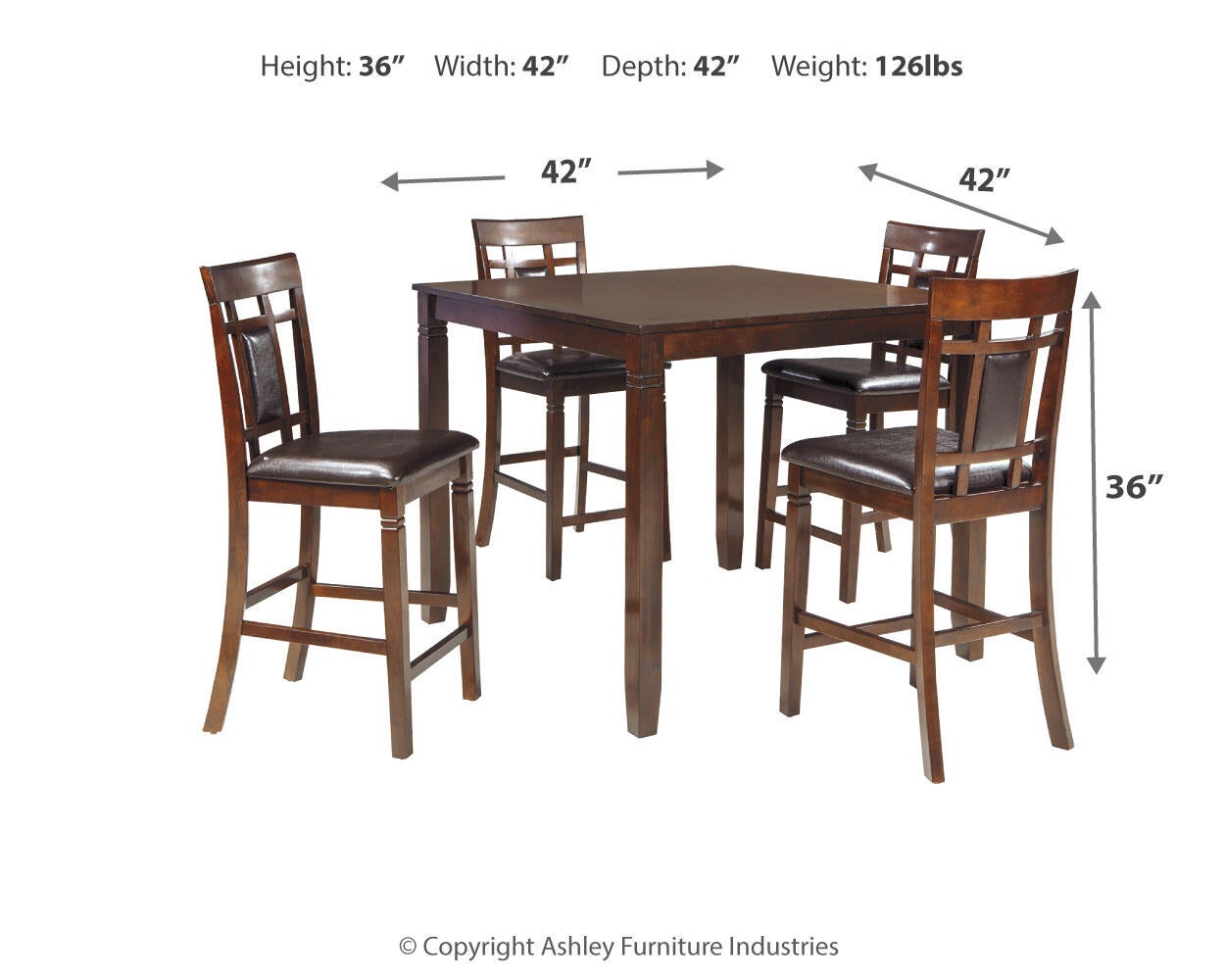The Bennox DRM Counter Table Set (5/CN) includes a 42"x42"x36" square table and four cushioned, brown faux leather chairs. Weighing 126 lbs, this set is both stylish and comfortable for any dining space.