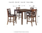 The Bennox DRM Counter Table Set (5/CN) includes a 42"x42"x36" square table and four cushioned, brown faux leather chairs. Weighing 126 lbs, this set is both stylish and comfortable for any dining space.