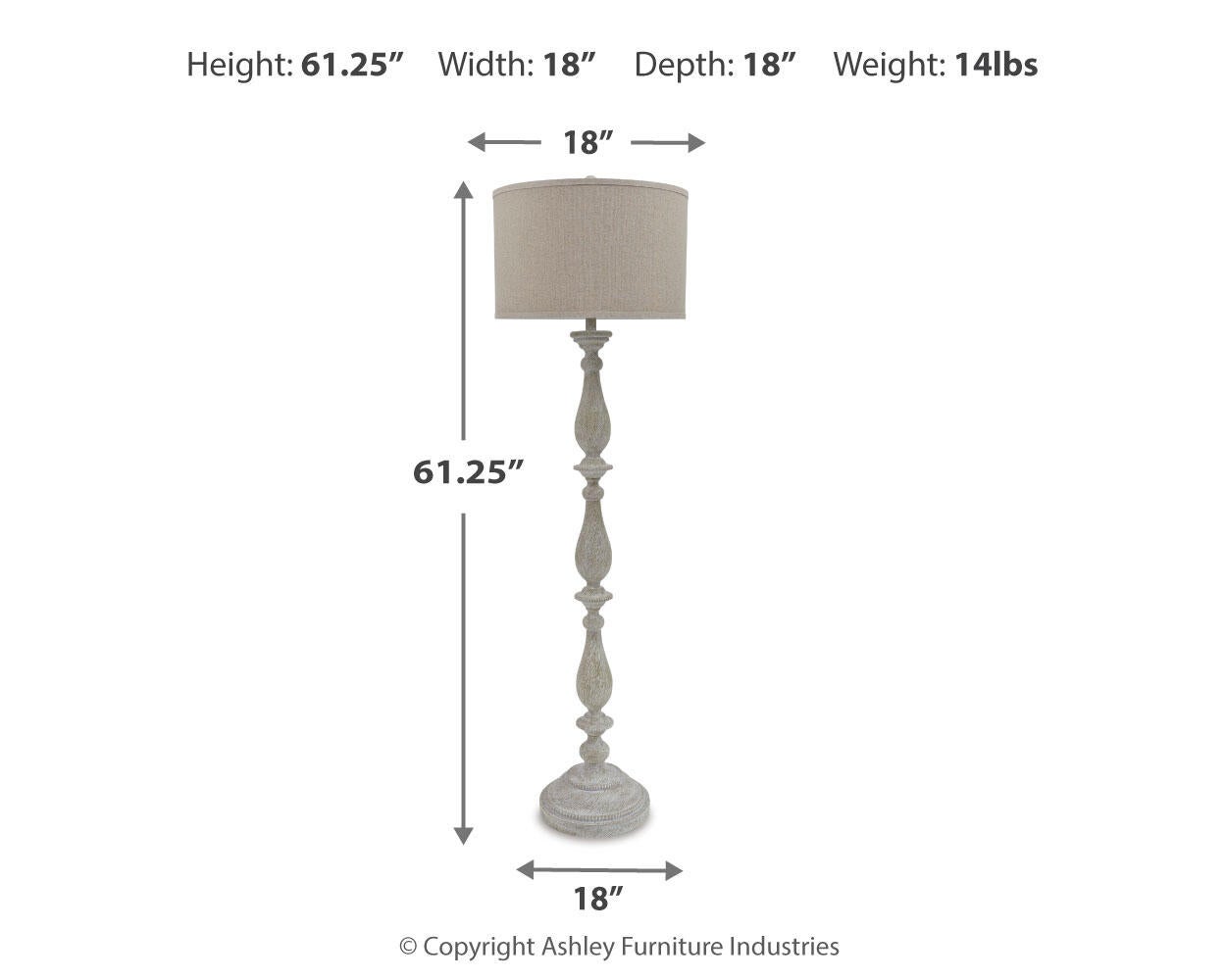 The Bernadate Poly Floor Lamp features a beige shade, ornate candlestick-style base in a whitewash finish, and measures 61.25"H x 18"W x 18"D with a weight of 14 lbs.