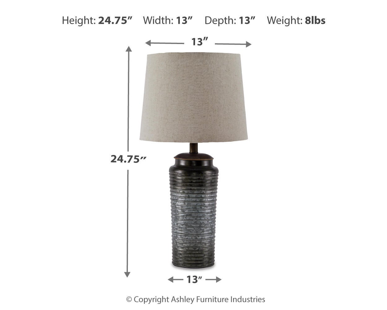 The Norbert Metal Table Lamp (2/CN) features a galvanized, textured base with a beige shade; measures 24.75"H x 13"W x 13"D and weighs 8 lbs.