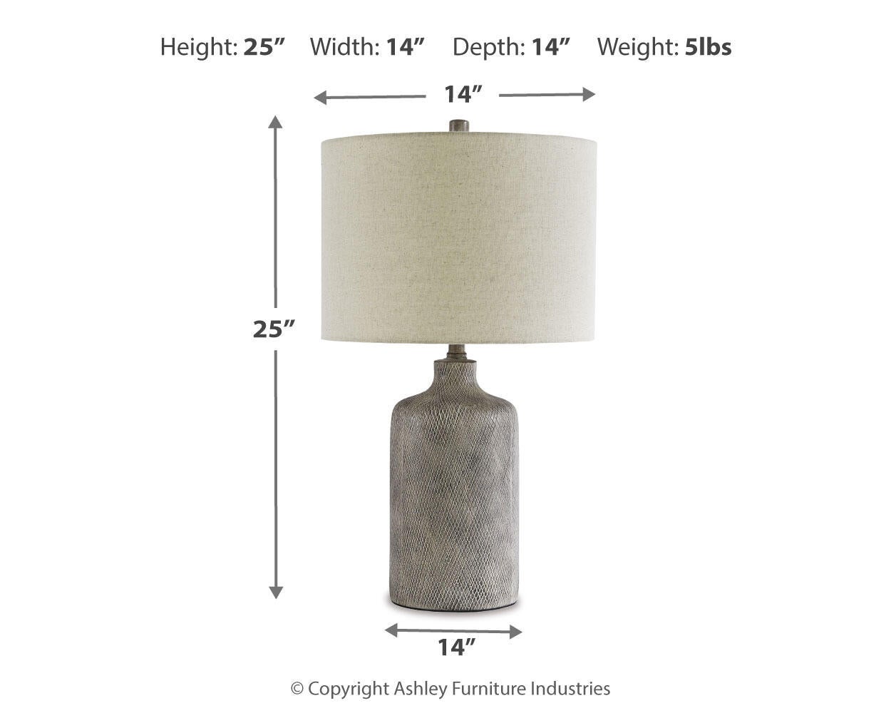 The Linus Ceramic Table Lamp (1/CN) features an antique black ceramic base, beige shade, measures 25"H x 14"W x 14"D, weighs 5 lbs, and includes measurement arrows.