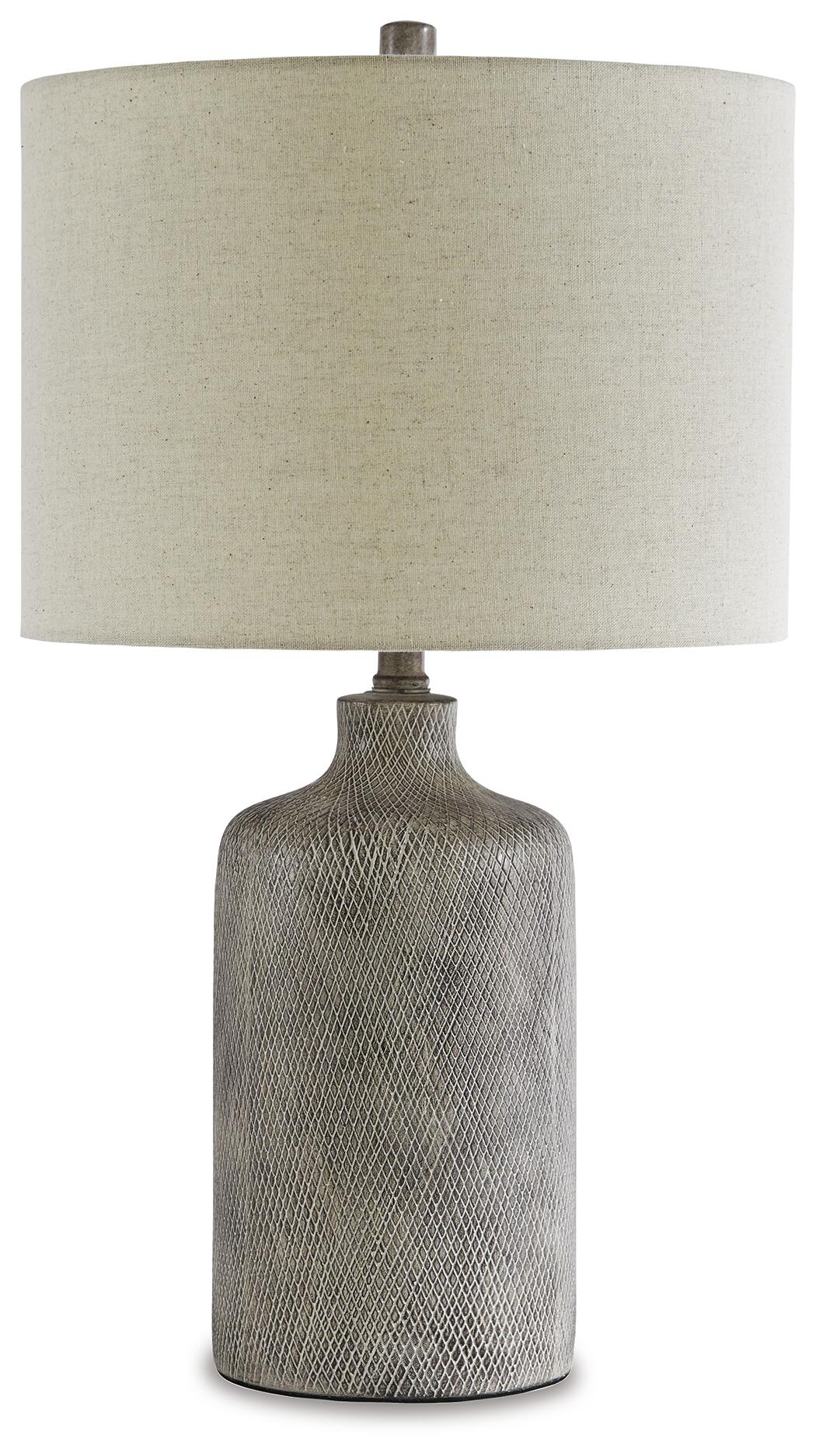 The Linus Ceramic Table Lamp (1/CN) features a textured antique black ceramic base paired with a large, cylindrical beige fabric lampshade.