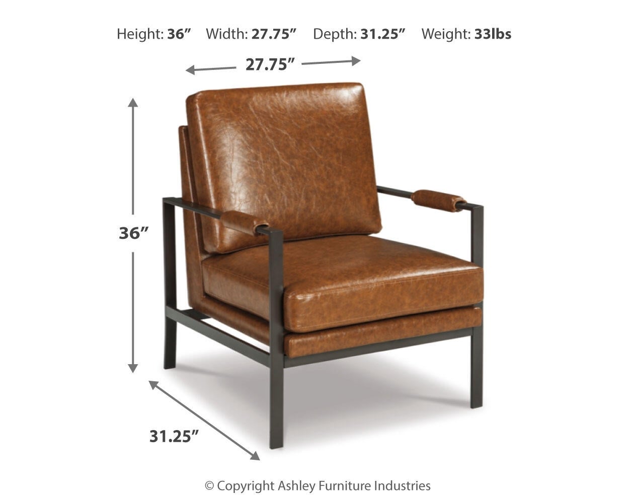 The Peacemaker Accent Chair features contemporary brown faux leather, a black metal frame, and cushioned seat and backrest. Dimensions: 36" H x 27.75" W x 31.25" D; Weight: 33 lbs. Perfect blend of comfort and modern style.