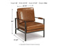 The Peacemaker Accent Chair features contemporary brown faux leather, a black metal frame, and cushioned seat and backrest. Dimensions: 36" H x 27.75" W x 31.25" D; Weight: 33 lbs. Perfect blend of comfort and modern style.