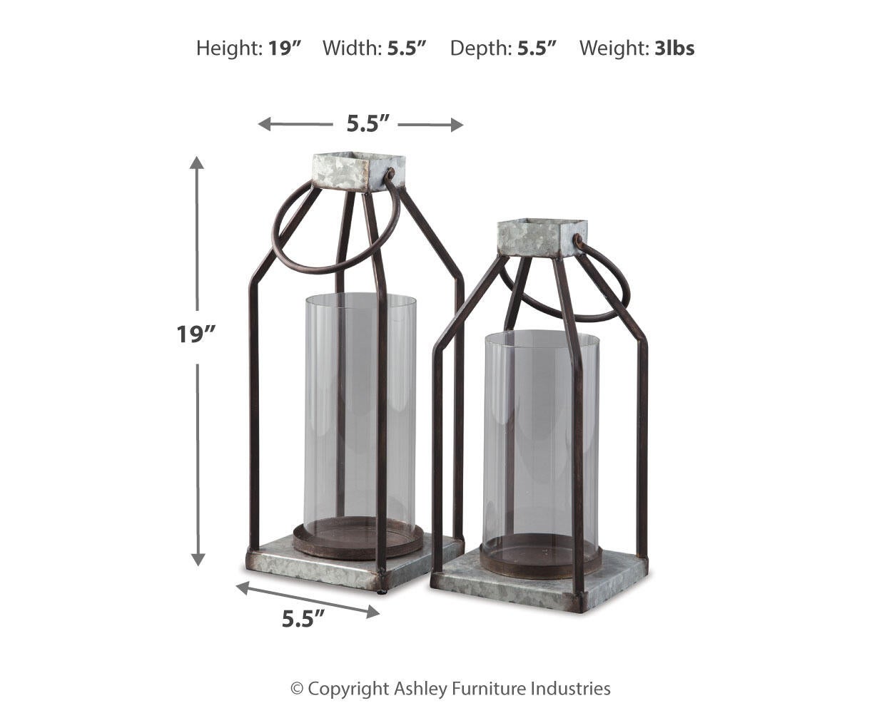 The Diedrick Lantern Set (2/CN) features two 19-inch-tall galvanized metal lanterns with 5.5-inch square bases, shown with measurements and specs—perfect as indoor or outdoor candle holder lanterns.