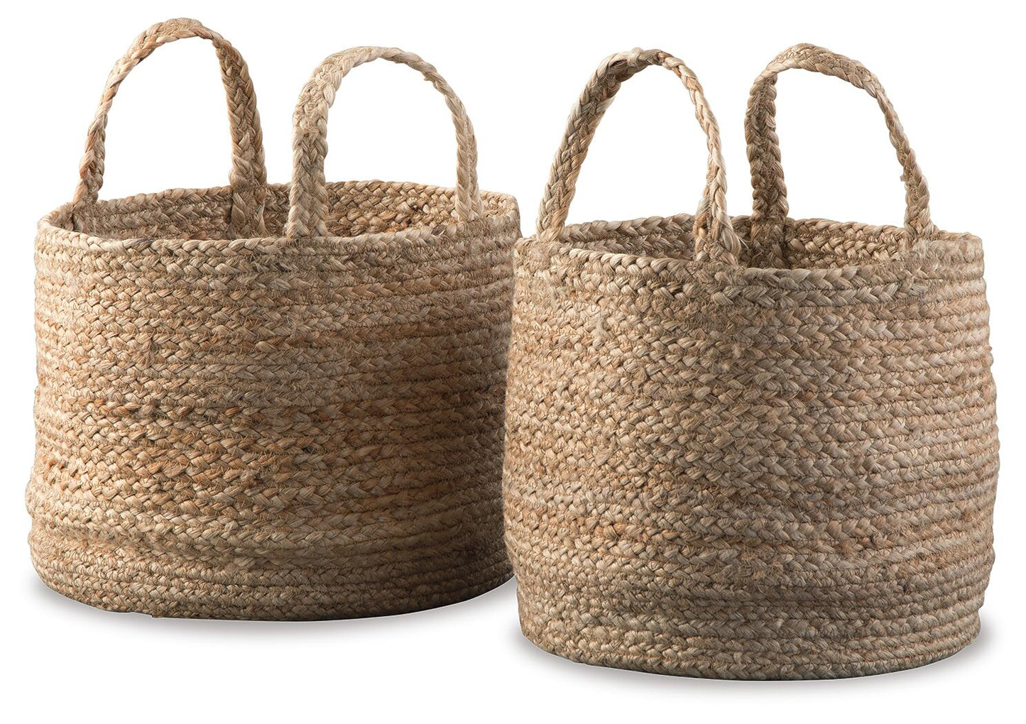 The Brayton Basket Set (2/CN) features two round, woven jute baskets with sturdy handles—an ideal duo for stylish and effortless home organization.
