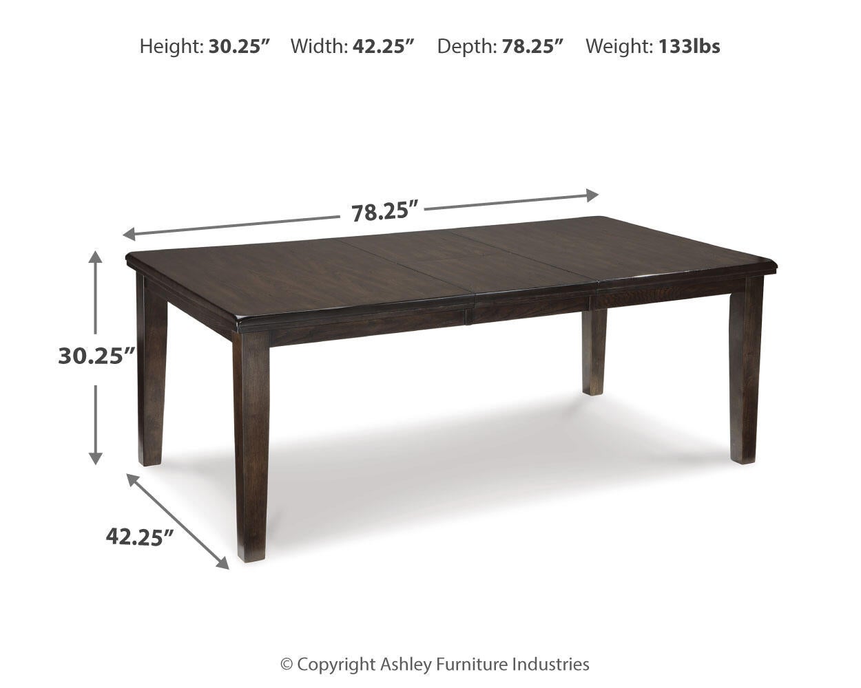 The Haddigan RECT Dining Room EXT Table features a rectangular design with four legs and a butterfly leaf extension. Measuring 30.25"H x 42.25"W x 78.25"D and weighing 133 lbs, it seats up to 8 for comfortable family meals or gatherings.