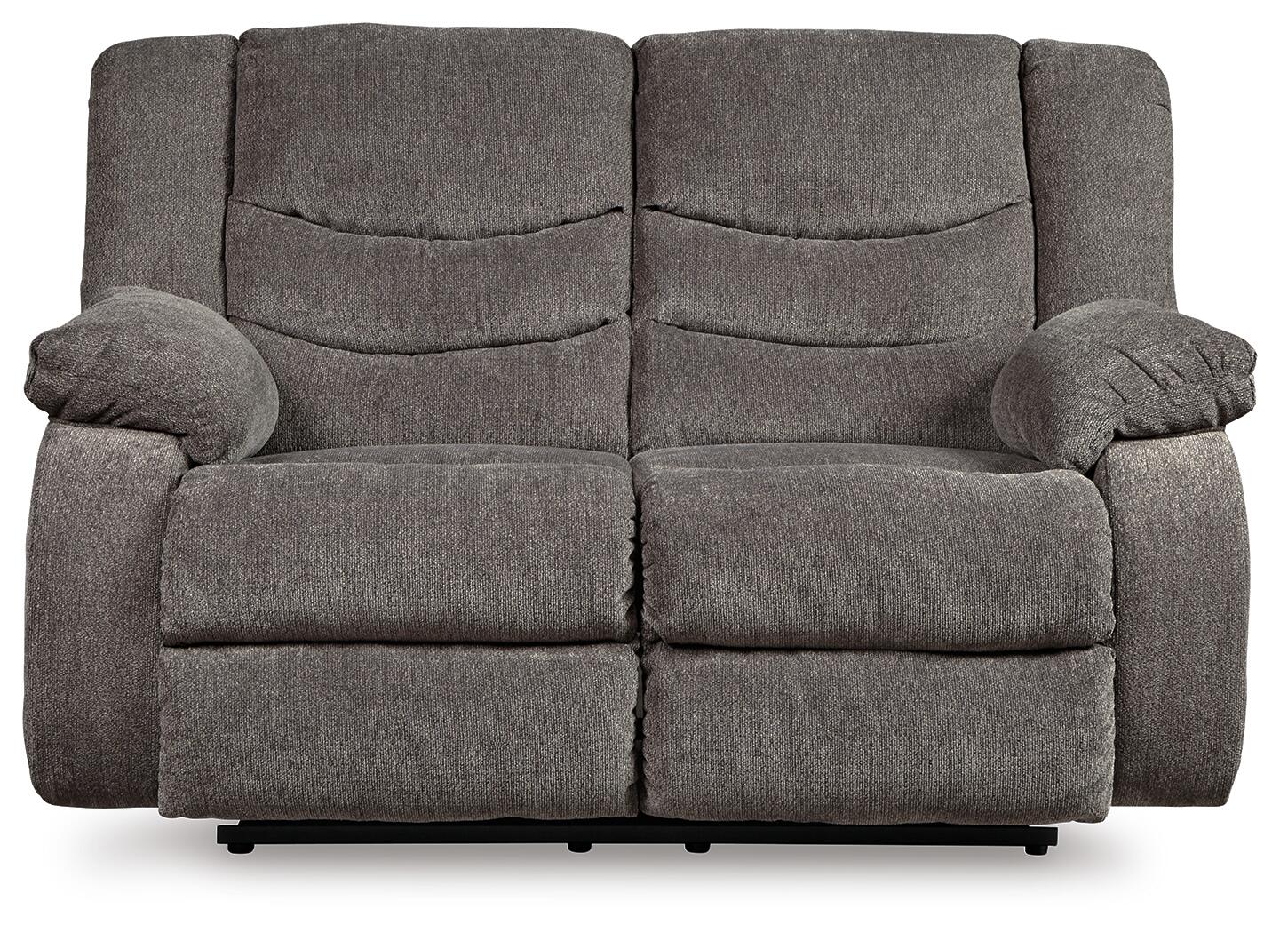 The Tulen Reclining Loveseat, shown from the front against a white background, features a large gray chenille fabric design with padded armrests, a plush backrest, and dual-sided recliner functionality.