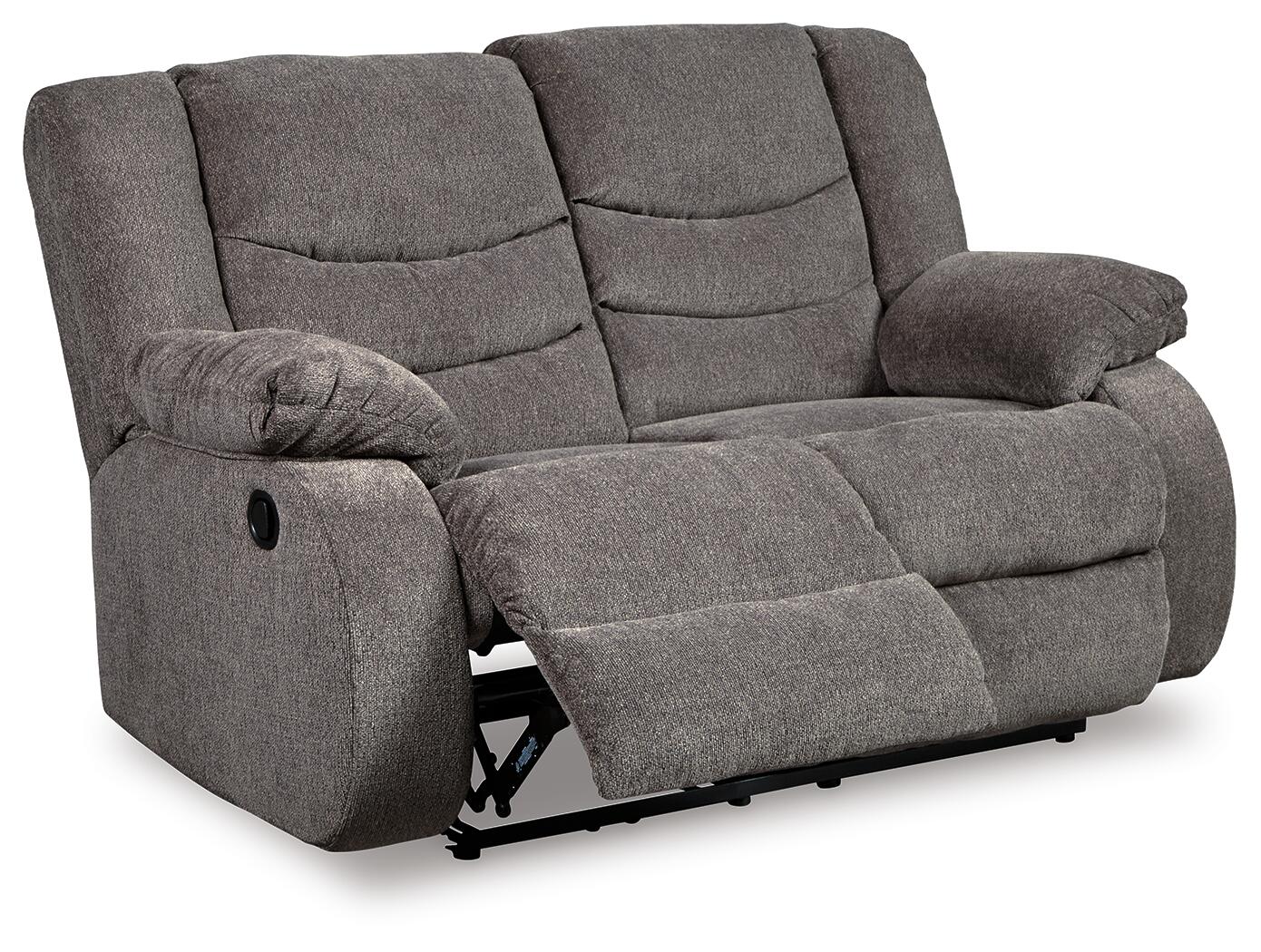 The Tulen Reclining Loveseat, upholstered in gray chenille fabric with padded armrests and one extended footrest, is displayed against a white background.