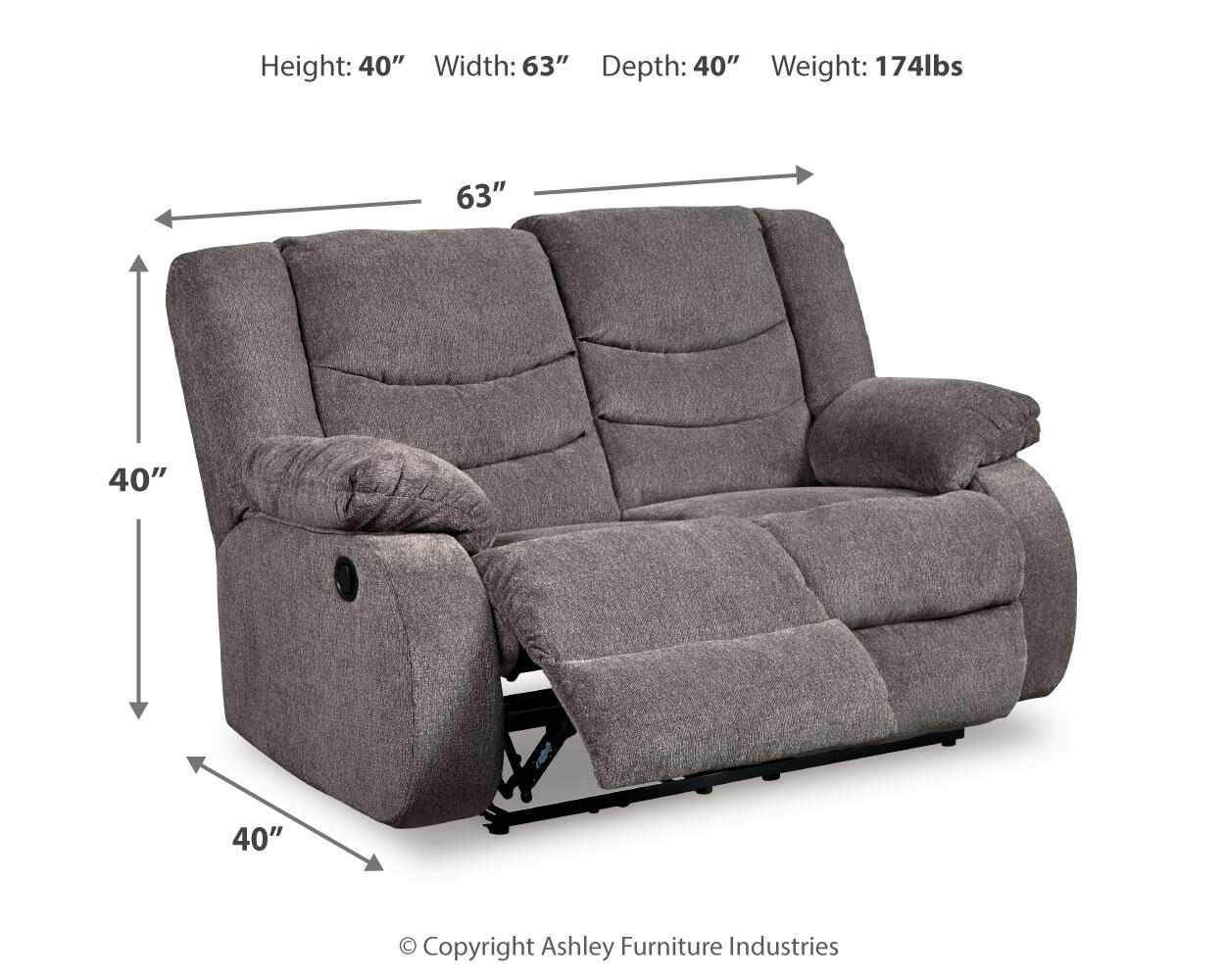 The Tulen Reclining Loveseat features gray chenille upholstery, dual-sided reclining (partially extended), and measures 40" H x 63" W x 40" D. Weight: 174 lbs.