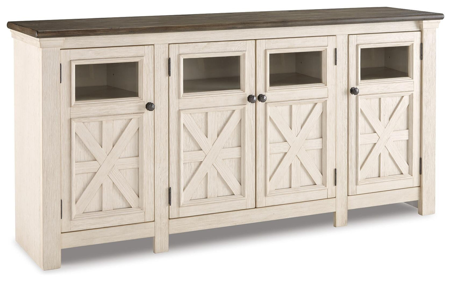 The Bolanburg Extra Large TV Stand features a dark wood top, four barn-style cabinet doors with glass panels above each one—an ideal piece to bring farmhouse charm to your home.