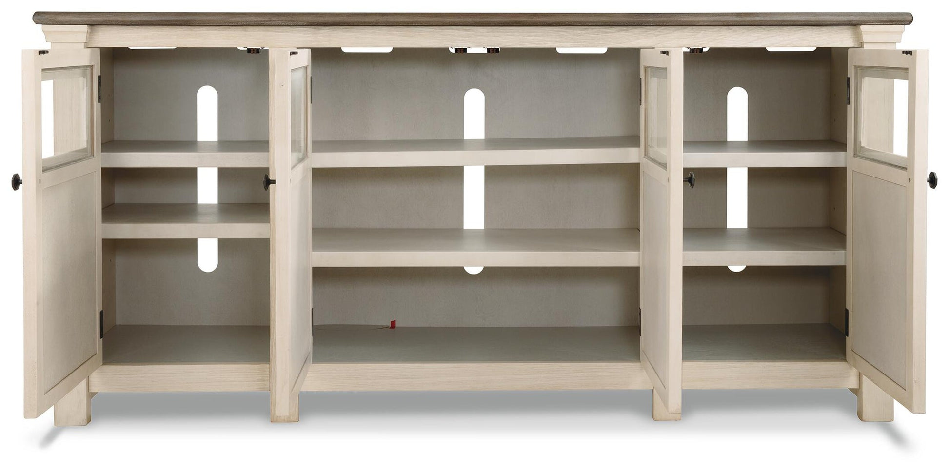 The Bolanburg Extra Large TV Stand features four open cabinet doors, three interior shelves, and back panel cable management—perfect for keeping your media essentials organized.