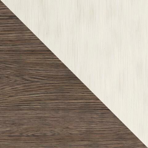 Diagonal split image featuring the Bolanburg Extra Large TV Stand: dark brown wood texture on the lower left and light beige wood texture on the upper right.