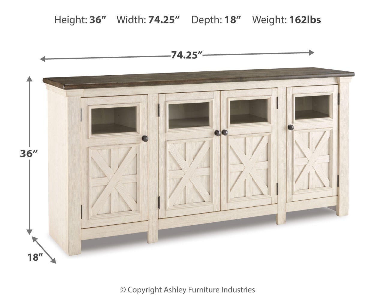 The Bolanburg Extra Large TV Stand features a white and brown two-tone finish, four doors with glass panels, measures 36"H x 74.25"W x 18"D, weighs 162 lbs, and is ideal for a farmhouse-inspired living room.