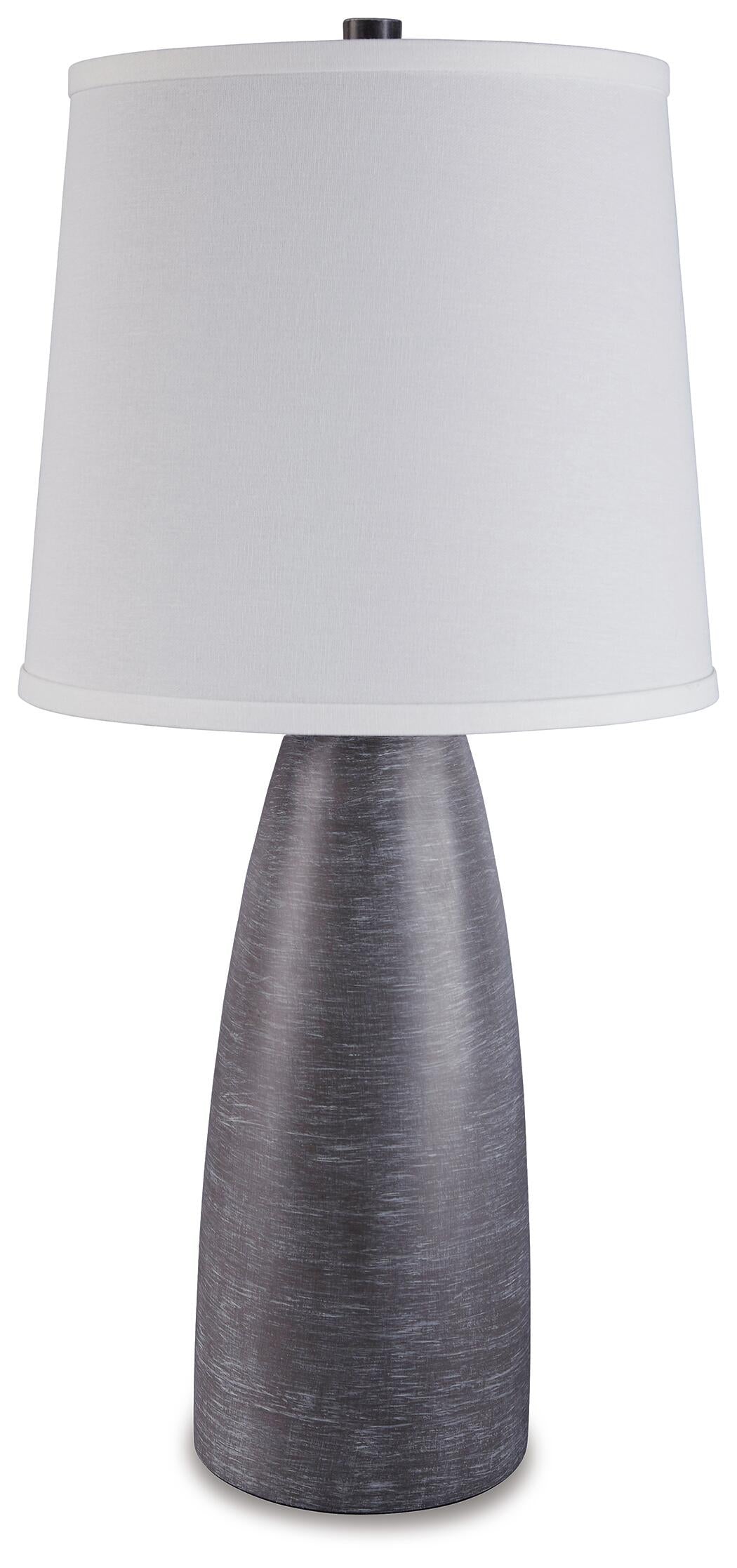 The Shavontae Poly Table Lamp (2/CN) features a modern textured dark gray resin base and a clean white fabric shade, perfect for contemporary spaces.
