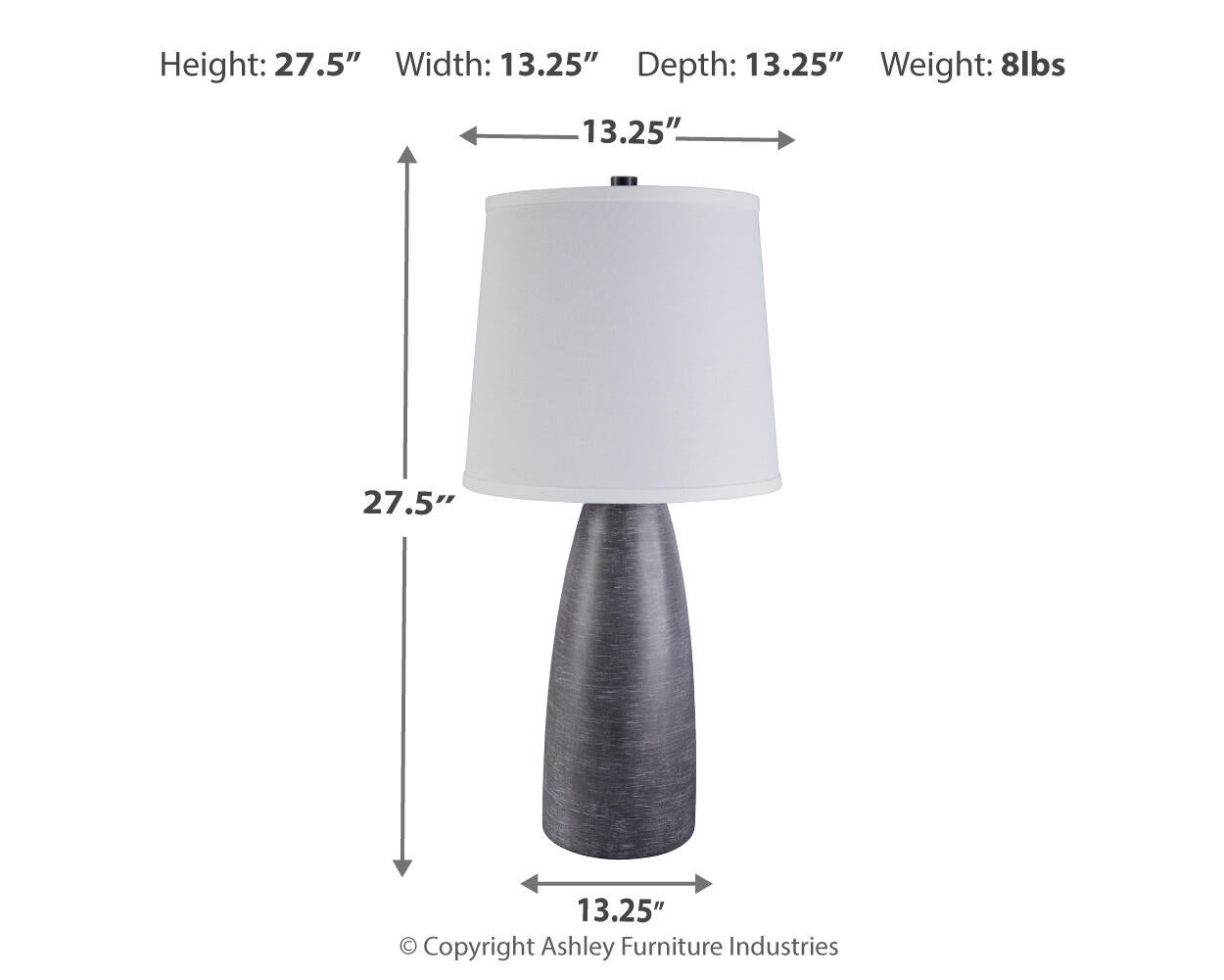 The Shavontae Poly Table Lamp (2/CN) features a white shade, dark resin base, measures 27.5" H x 13.25" W x 13.25" D, and weighs 8 lbs. Dimensions and weight are clearly labeled.
