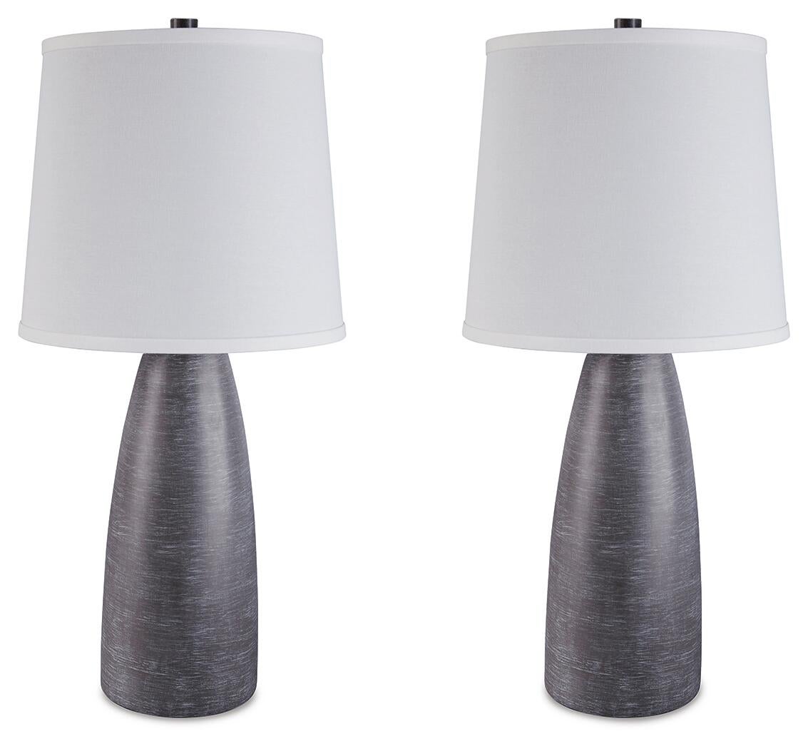 The Shavontae Poly Table Lamp set includes two identical contemporary lamps with dark textured bases and white drum-shaped shades, displayed side by side against a white background.