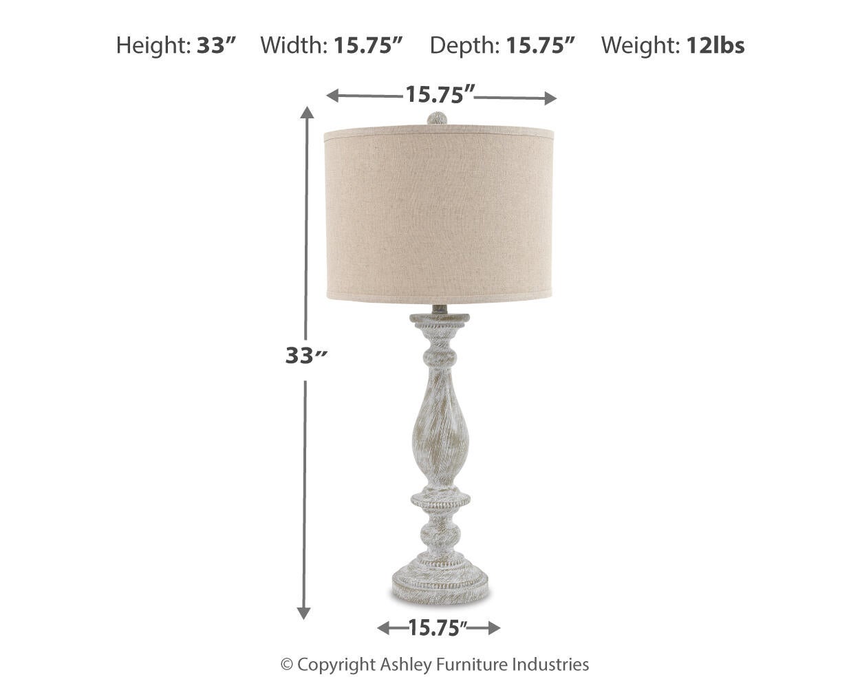 The Bernadate Poly Table Lamp (2/CN) features a beige, textured candlestick base with a subtle whitewash finish. It measures 33" high by 15.75" wide and deep, and weighs 12 lbs.