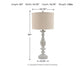 The Bernadate Poly Table Lamp (2/CN) features a beige, textured candlestick base with a subtle whitewash finish. It measures 33" high by 15.75" wide and deep, and weighs 12 lbs.