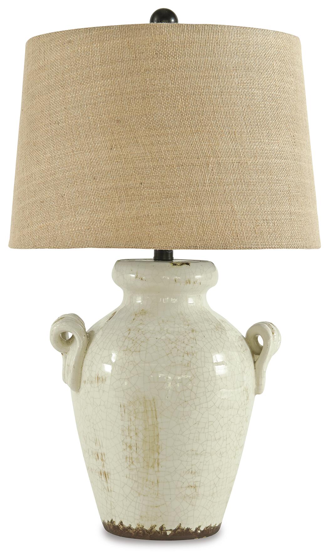 The Emelda Ceramic Table Lamp (1/CN) features a crackled white finish, two small handles, and a beige burlap shade, bringing effortless farmhouse charm to any space.
