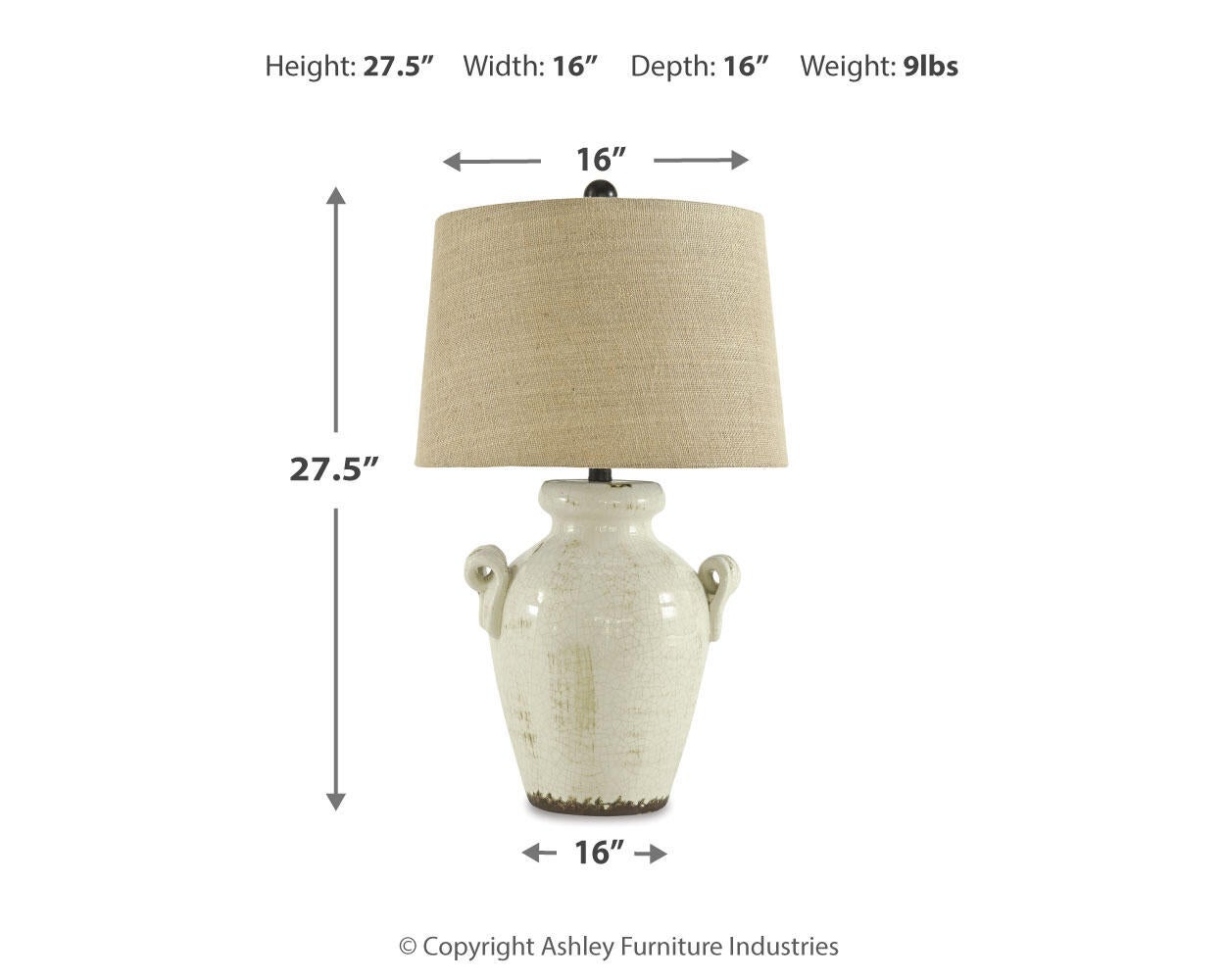 The Emelda Ceramic Table Lamp (1/CN) features a farmhouse style with two handles and a beige shade. Measures 27.5" high, 16" wide/deep, and weighs 9 lbs. Measurements shown with arrows.