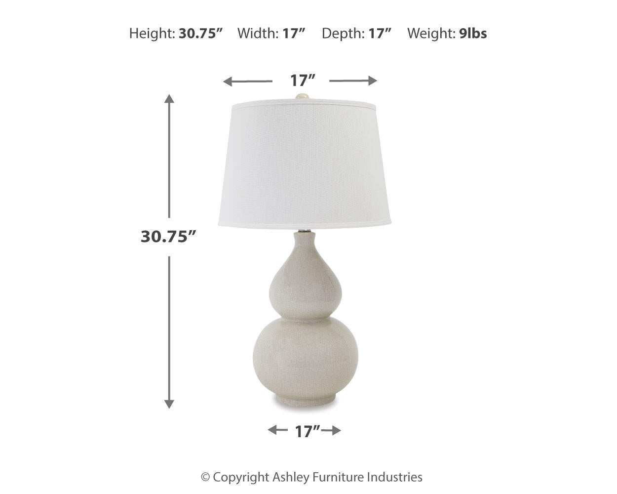 The Saffi Ceramic Table Lamp (1/CN) features a round ceramic base with crackle glaze, a white shade, measures 30.75"H x 17"W x 17"D, and weighs 9 lbs.